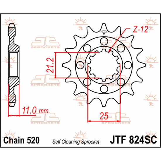 JT SPROCKETS JTF824.13SC ELSŐ ÖNTISZTÍTÓ FOGASKERÉK 13 FOGGAL, 520 LÁNCOSZTÁLY, TERMÉSZETES KRÓM-MOLIBDÉN ACÉL ÖTVÖZET, JTF824.13SC